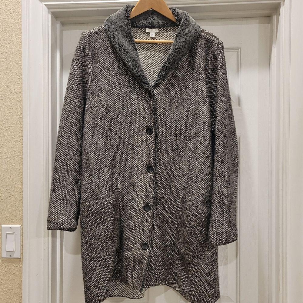 J Jill Sweater cardigan coat, fleece lined collar, Large petite